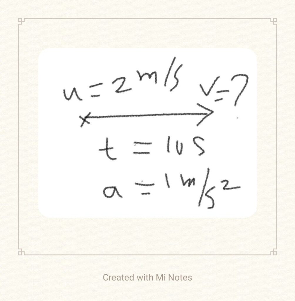 1.A body travelled with 2m/s and has acceleration  1m/s2 for 10sec.What is the final velocity?